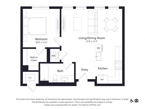 Floor plan for 1 bed, 1 bath, 664 sqft